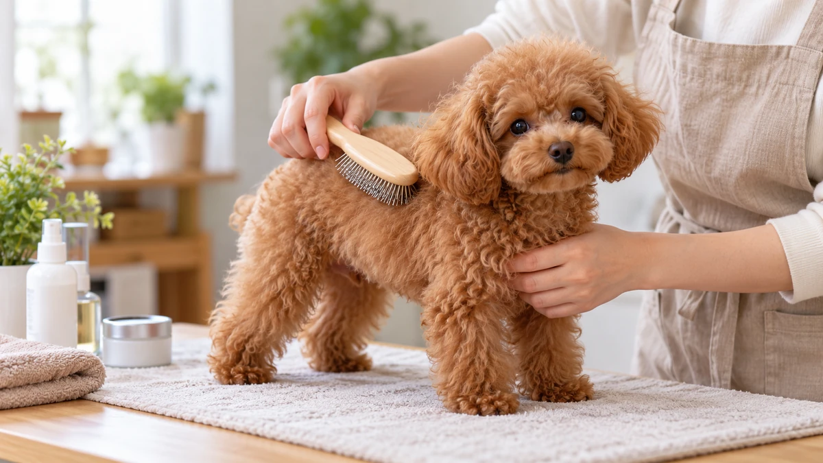 Toy poodle yavru köpek — günlük fırçalama ve tüy bakımına alıştırma