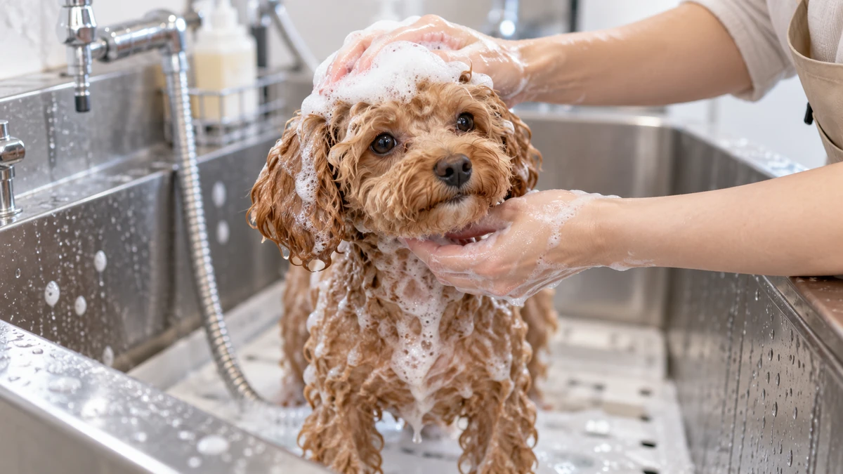 Toy poodle köpek — banyo ve şampuanlama bakımı
