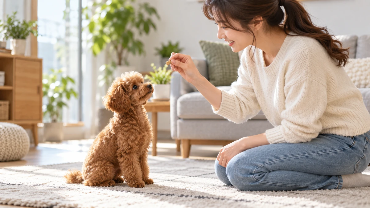 Toy poodle yavru köpek — komut ve ödül ile eğitim