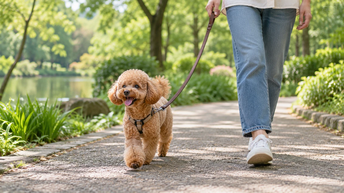 Toy poodle köpek — parkta tasmayla günlük yürüyüş